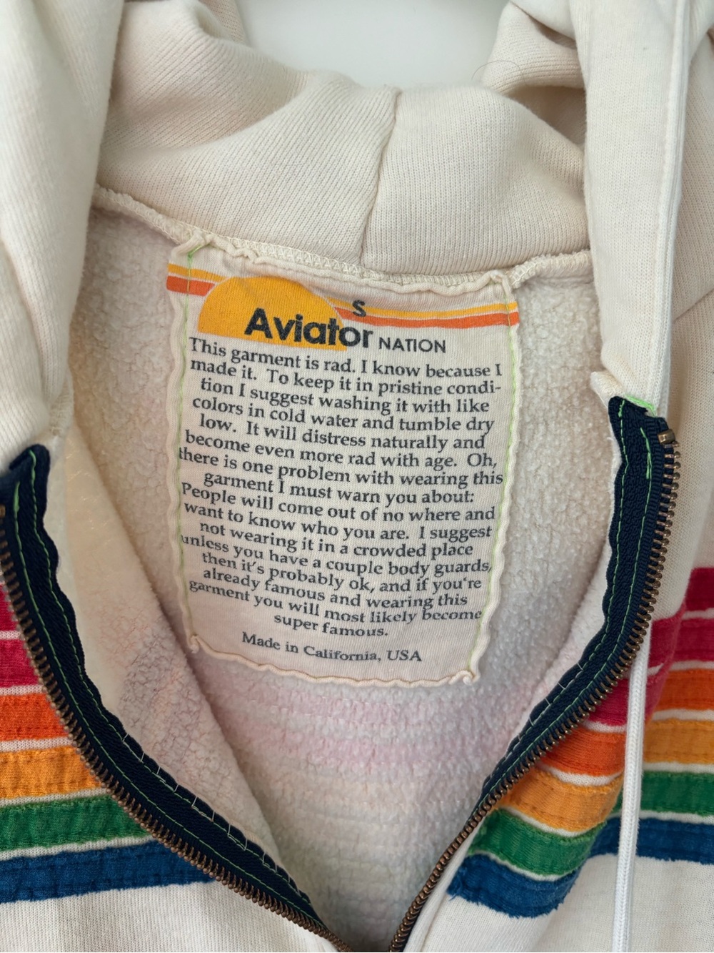 Aviator Nation Cream Zip Hoodie with Rainbow Chest Stripes - Picture 4 of 5